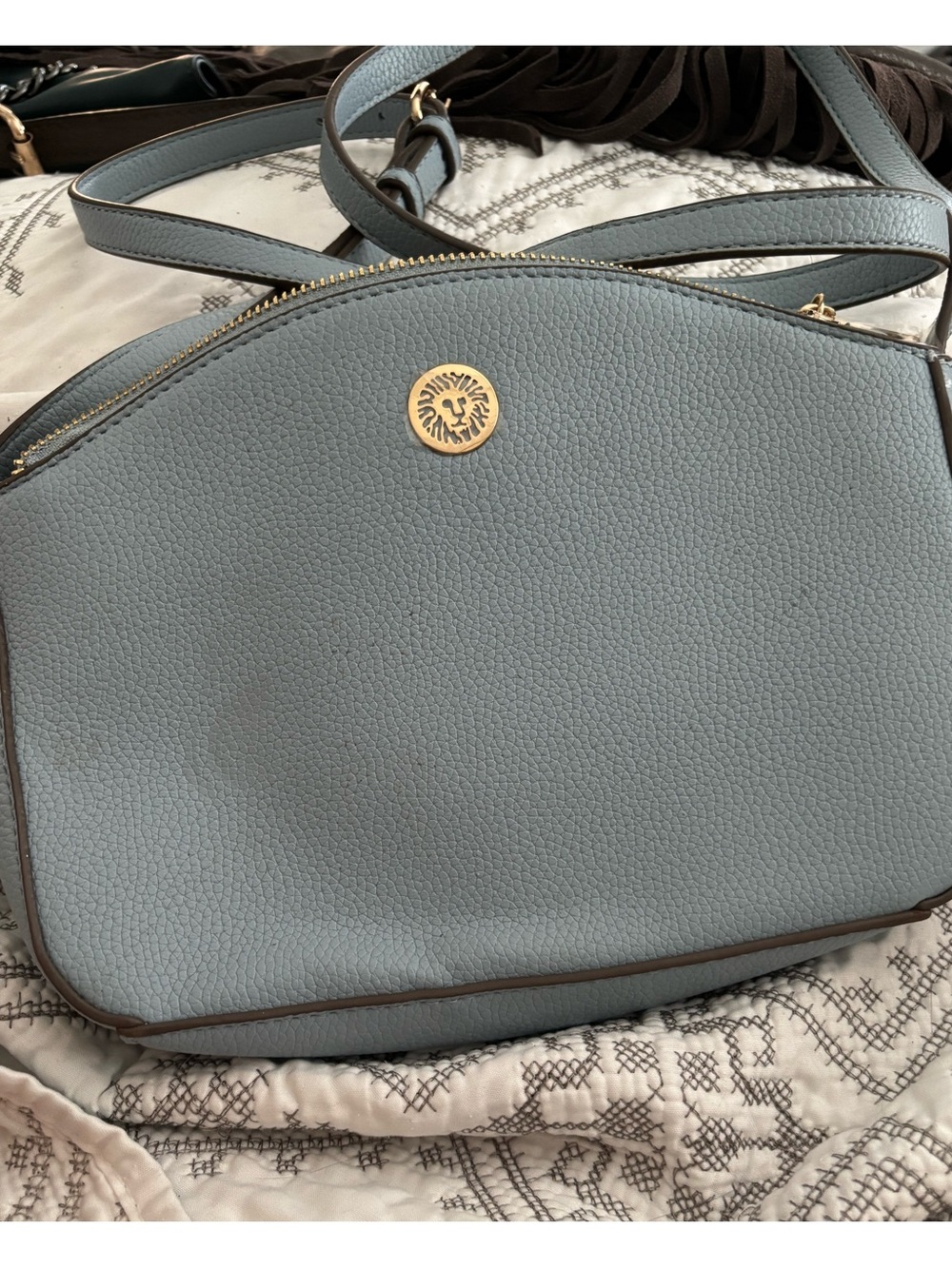Anne Klein Structured Crossbody Bag in Dusty Blue with Gold Emblem NWOT CLEAN